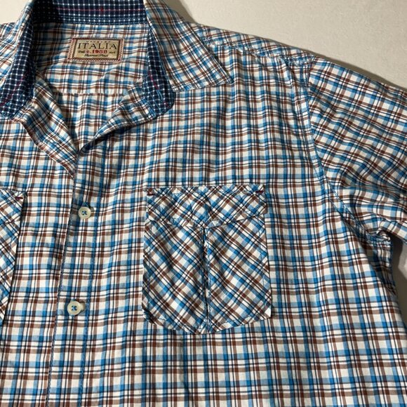 Vintage Italia C.1958 Mens Plaid Size L Sleeve Button-Up Shirt Blue & Brown - Picture 2 of 8